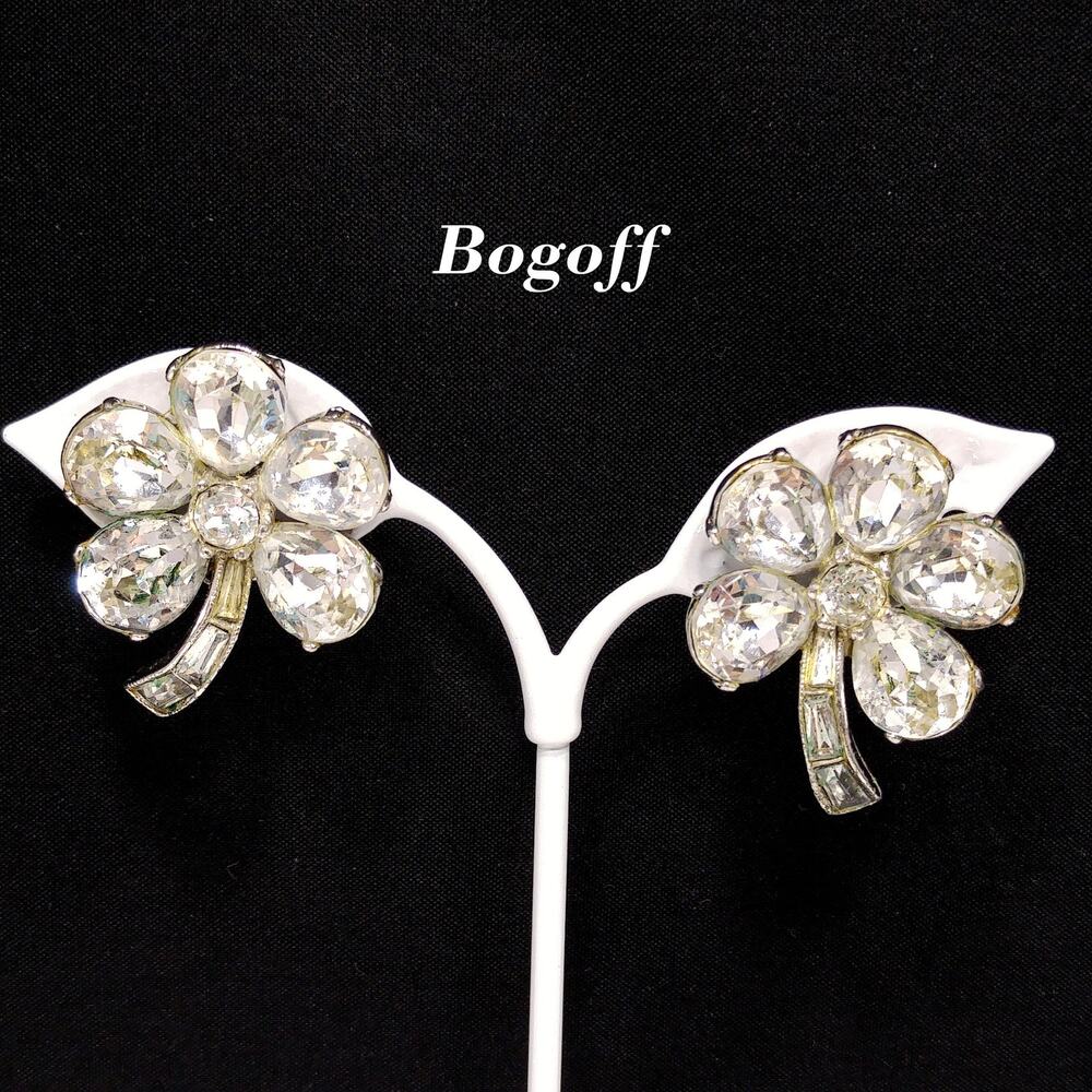 Bogoff Clear Rhinestone Floral Earrings, Rhodium Plated, Wedding Earrings, 1950s